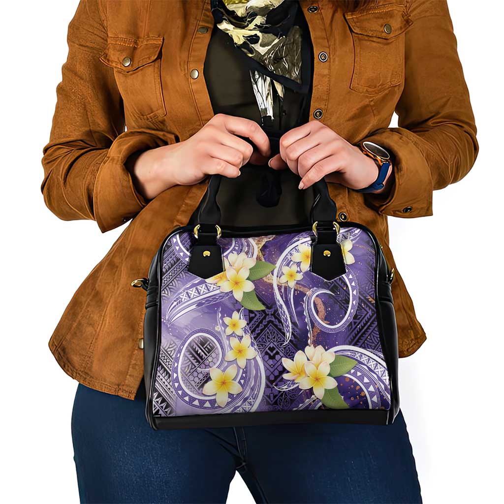 Polynesian Tribal Tattoo Shoulder Handbag Plumeria Purple Marble Pattern