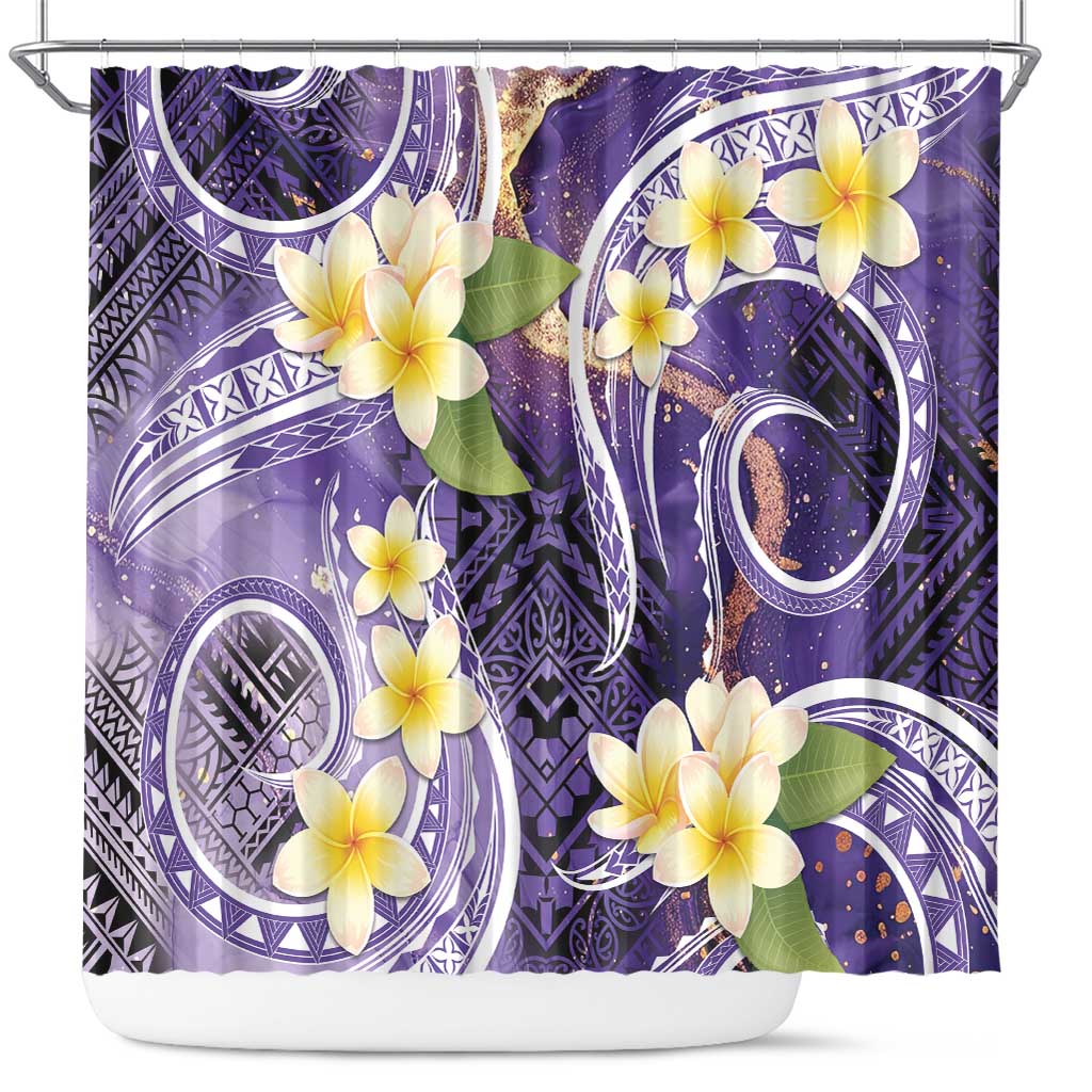 Polynesian Tribal Tattoo Shower Curtain Plumeria Purple Marble Pattern