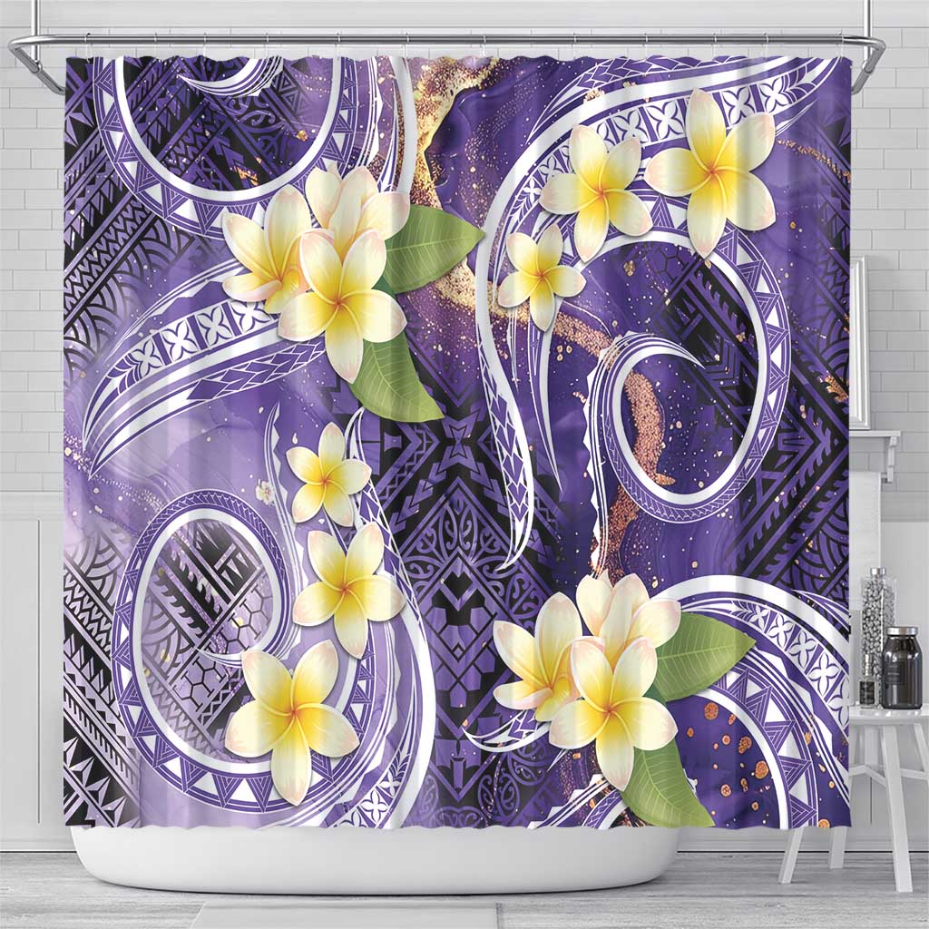 Polynesian Tribal Tattoo Shower Curtain Plumeria Purple Marble Pattern