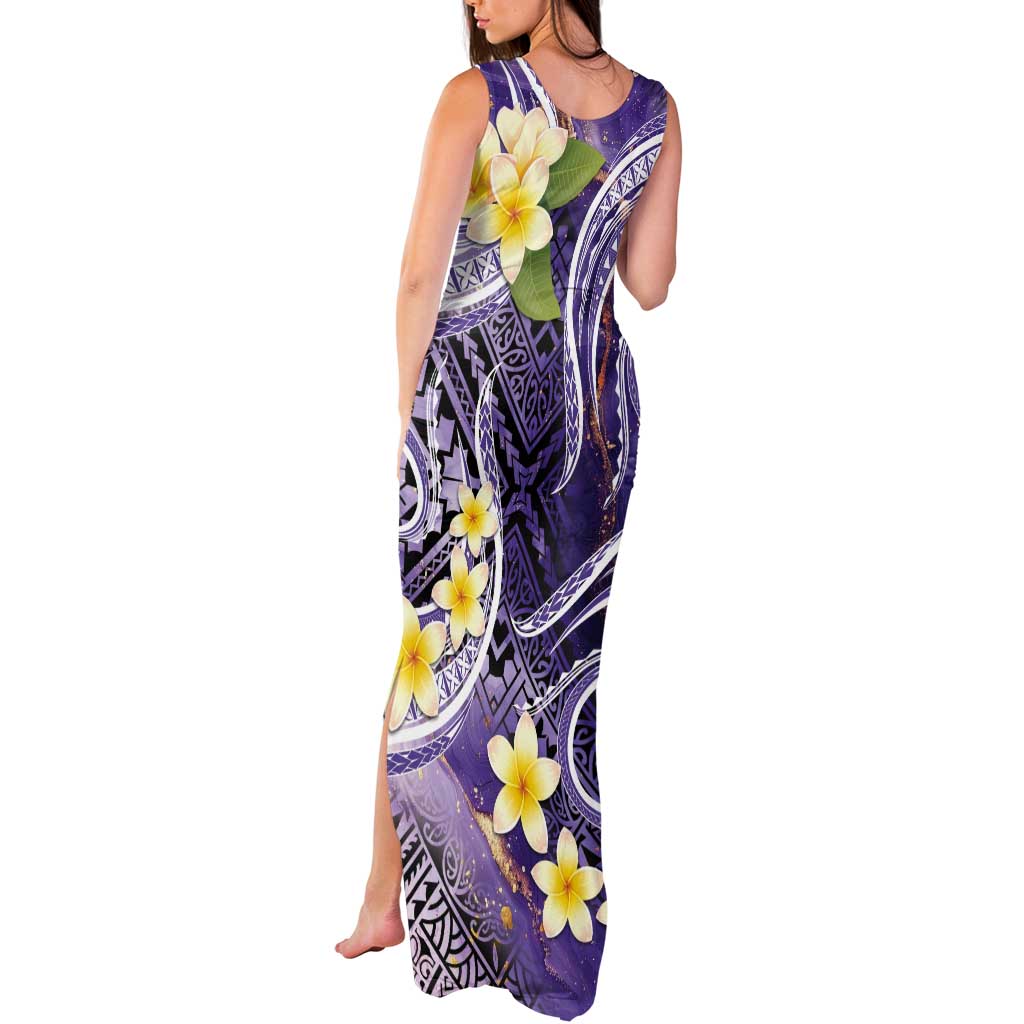 Polynesian Tribal Tattoo Tank Maxi Dress Plumeria Purple Marble Pattern