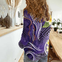 Polynesian Tribal Tattoo Women Casual Shirt Plumeria Purple Marble Pattern