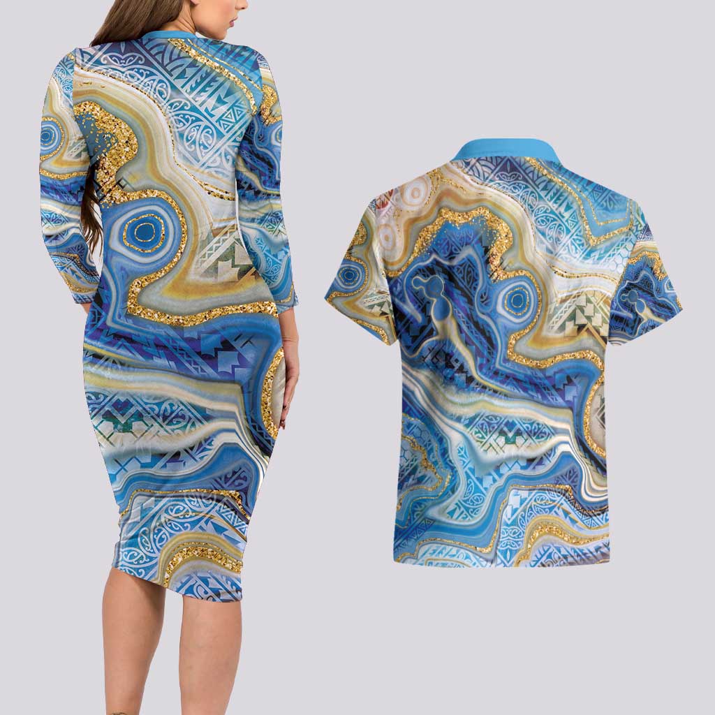Polynesian Tribal Tattoo Couples Matching Long Sleeve Bodycon Dress and Hawaiian Shirt Swirling Ocean Marble Pattern