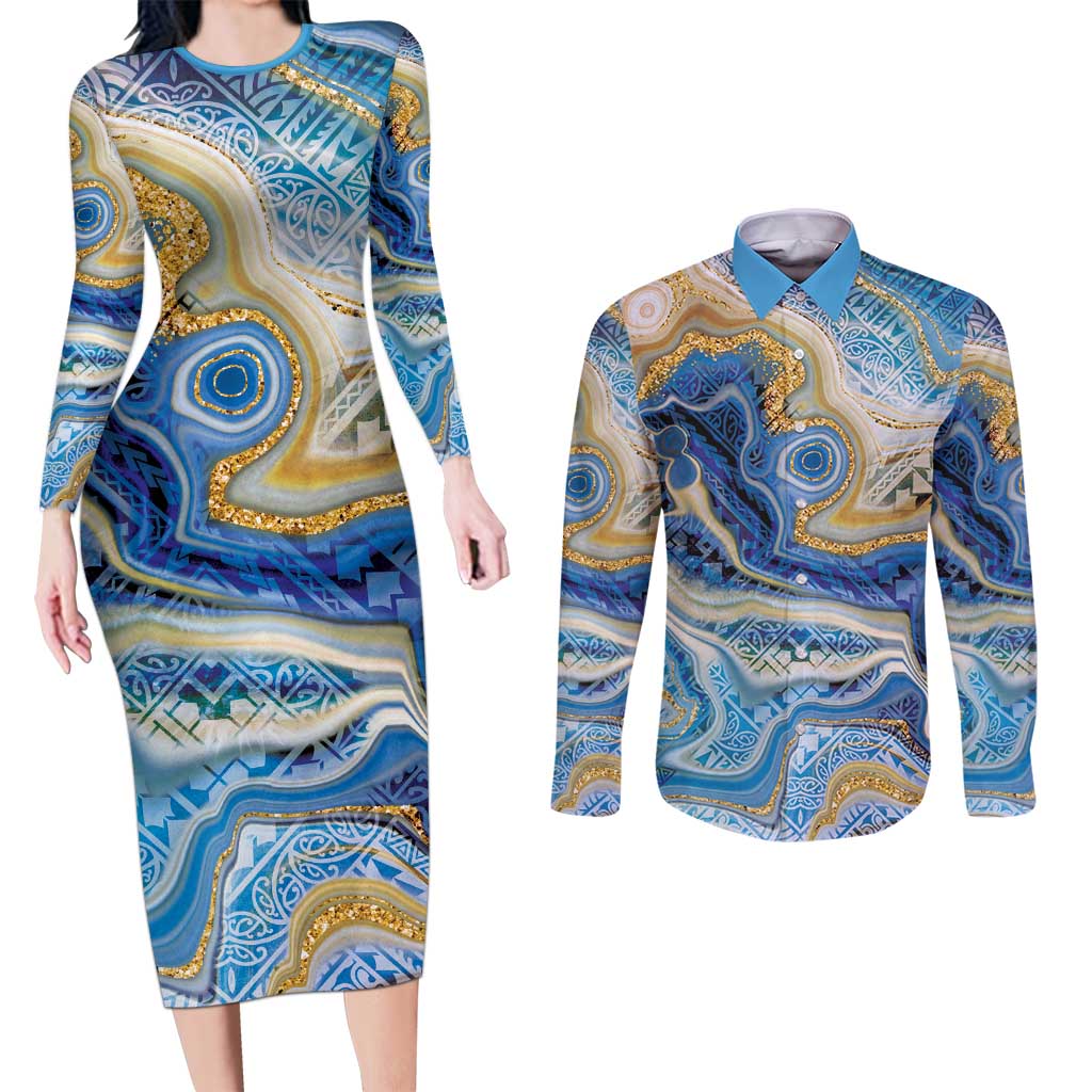 Polynesian Tribal Tattoo Couples Matching Long Sleeve Bodycon Dress and Long Sleeve Button Shirt Swirling Ocean Marble Pattern