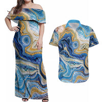 Polynesian Tribal Tattoo Couples Matching Off Shoulder Maxi Dress and Hawaiian Shirt Swirling Ocean Marble Pattern