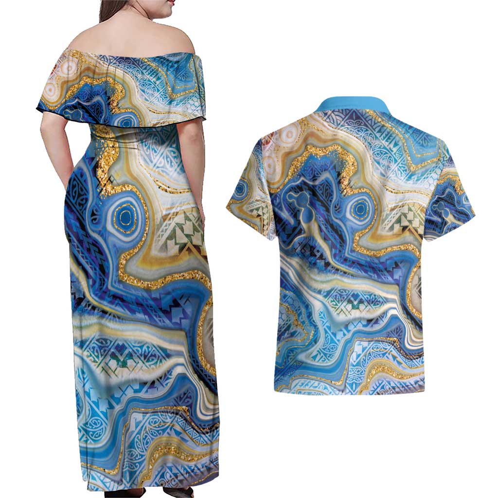 Polynesian Tribal Tattoo Couples Matching Off Shoulder Maxi Dress and Hawaiian Shirt Swirling Ocean Marble Pattern