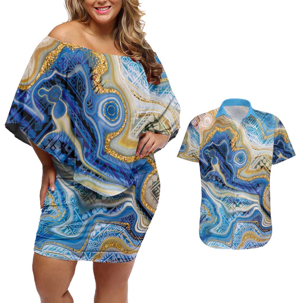 Polynesian Tribal Tattoo Couples Matching Off Shoulder Short Dress and Hawaiian Shirt Swirling Ocean Marble Pattern