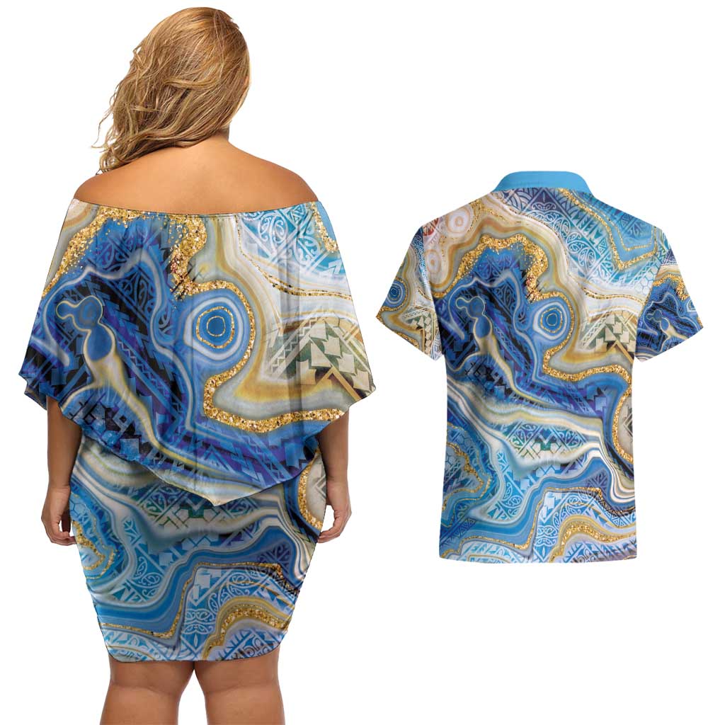 Polynesian Tribal Tattoo Couples Matching Off Shoulder Short Dress and Hawaiian Shirt Swirling Ocean Marble Pattern