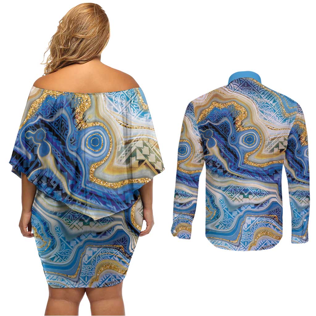 Polynesian Tribal Tattoo Couples Matching Off Shoulder Short Dress and Long Sleeve Button Shirt Swirling Ocean Marble Pattern