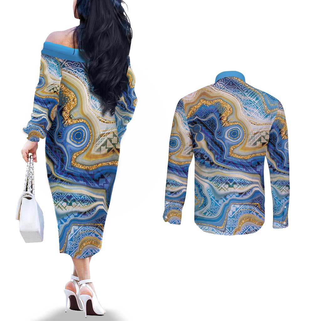Polynesian Tribal Tattoo Couples Matching Off The Shoulder Long Sleeve Dress and Long Sleeve Button Shirt Swirling Ocean Marble Pattern