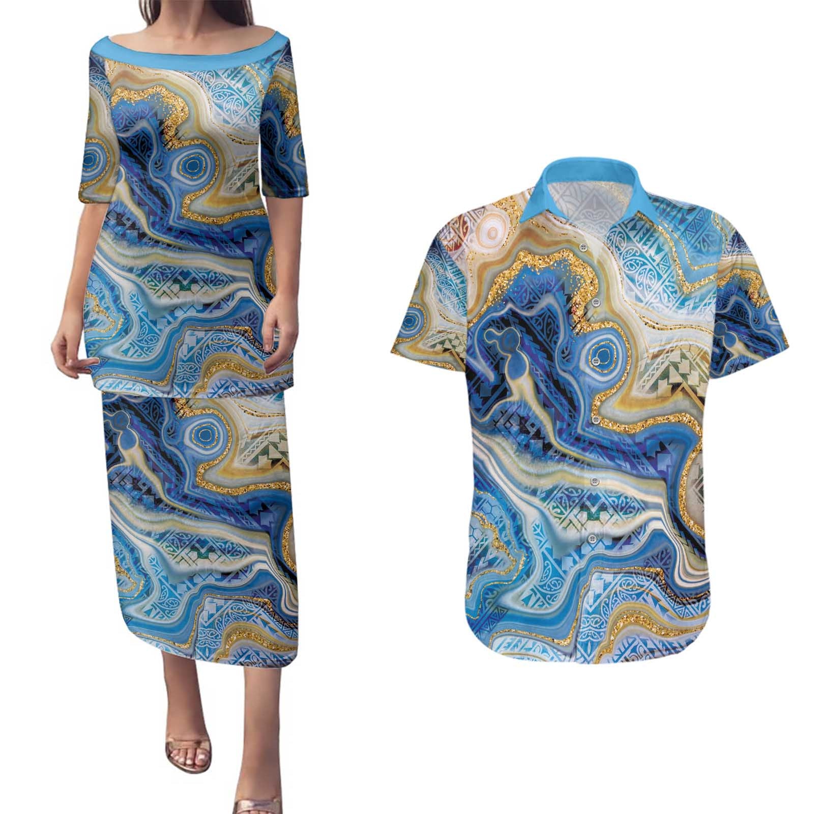 Polynesian Tribal Tattoo Couples Matching Puletasi and Hawaiian Shirt Swirling Ocean Marble Pattern