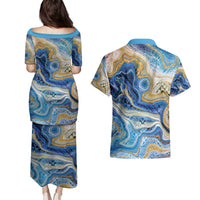 Polynesian Tribal Tattoo Couples Matching Puletasi and Hawaiian Shirt Swirling Ocean Marble Pattern