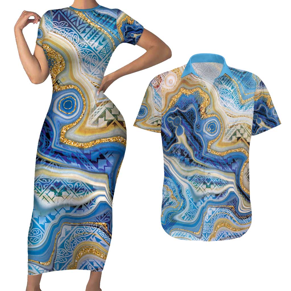 Polynesian Tribal Tattoo Couples Matching Short Sleeve Bodycon Dress and Hawaiian Shirt Swirling Ocean Marble Pattern