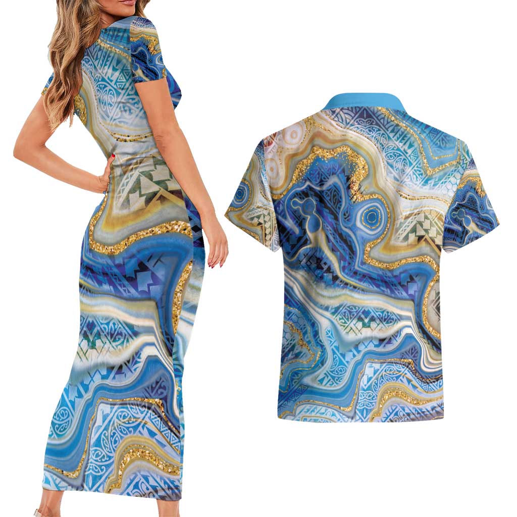 Polynesian Tribal Tattoo Couples Matching Short Sleeve Bodycon Dress and Hawaiian Shirt Swirling Ocean Marble Pattern