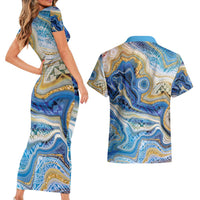 Polynesian Tribal Tattoo Couples Matching Short Sleeve Bodycon Dress and Hawaiian Shirt Swirling Ocean Marble Pattern