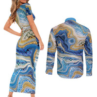 Polynesian Tribal Tattoo Couples Matching Short Sleeve Bodycon Dress and Long Sleeve Button Shirt Swirling Ocean Marble Pattern LT9 - Polynesian Pride