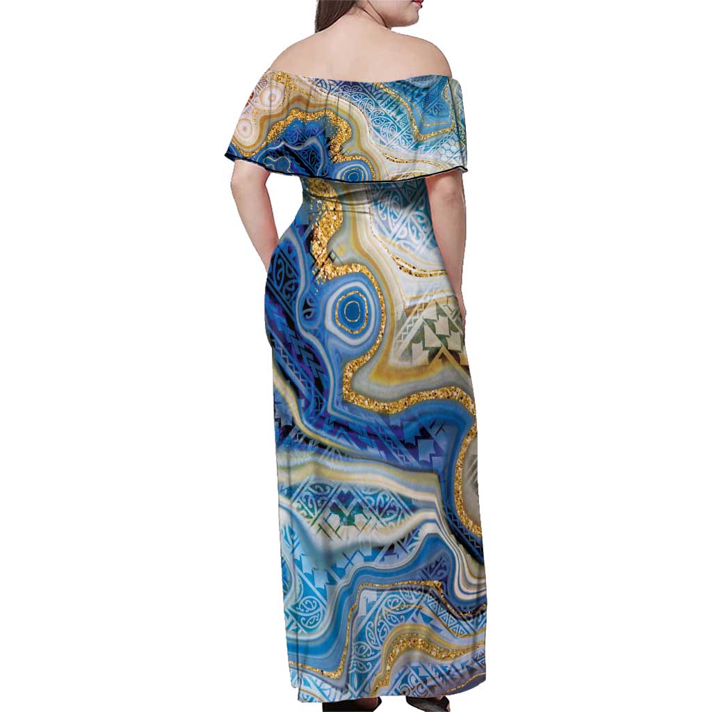 Polynesian Tribal Tattoo Family Matching Off Shoulder Maxi Dress and Hawaiian Shirt Swirling Ocean Marble Pattern