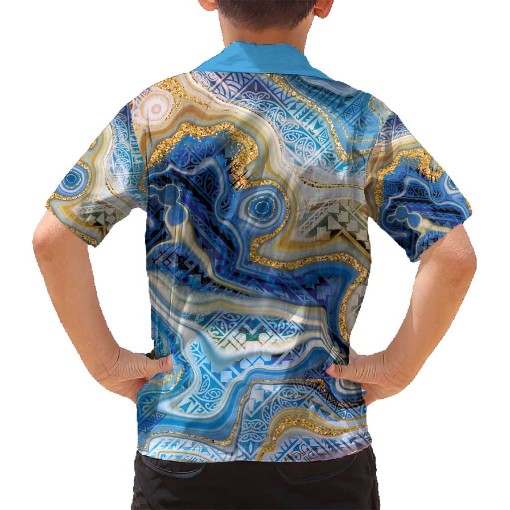 Polynesian Tribal Tattoo Family Matching Off Shoulder Short Dress and Hawaiian Shirt Swirling Ocean Marble Pattern