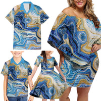 Polynesian Tribal Tattoo Family Matching Off Shoulder Short Dress and Hawaiian Shirt Swirling Ocean Marble Pattern