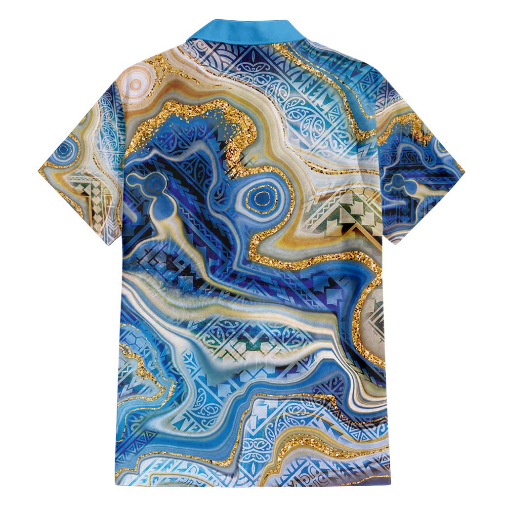 Polynesian Tribal Tattoo Family Matching Short Sleeve Bodycon Dress and Hawaiian Shirt Swirling Ocean Marble Pattern
