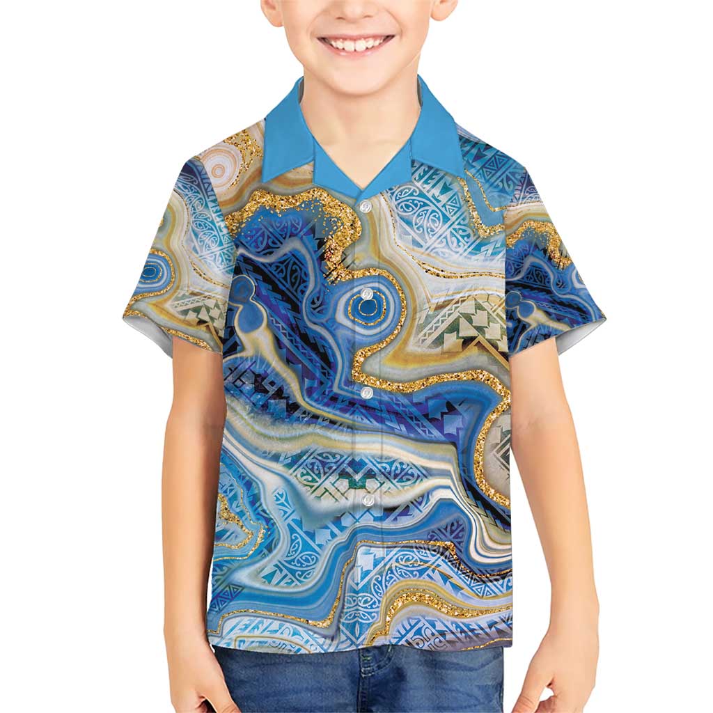 Polynesian Tribal Tattoo Family Matching Short Sleeve Bodycon Dress and Hawaiian Shirt Swirling Ocean Marble Pattern