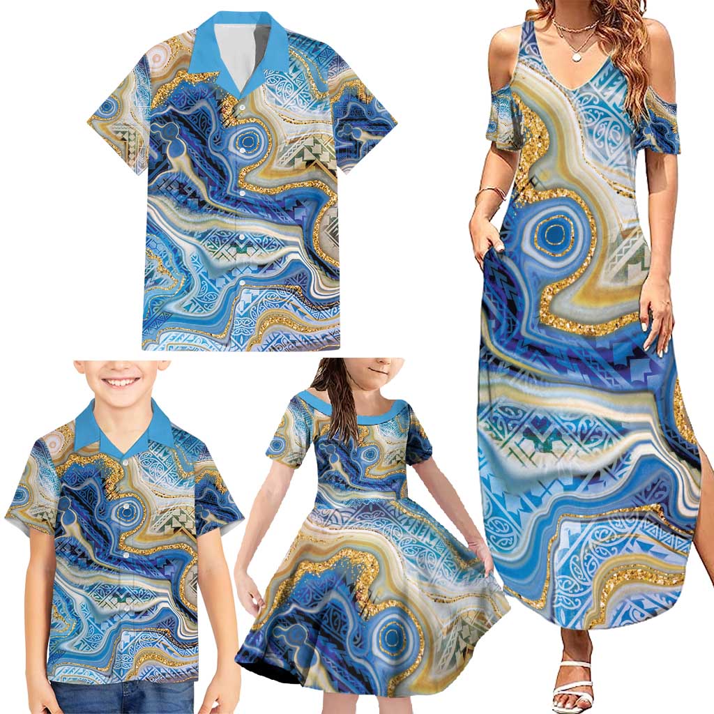 Polynesian Tribal Tattoo Family Matching Summer Maxi Dress and Hawaiian Shirt Swirling Ocean Marble Pattern