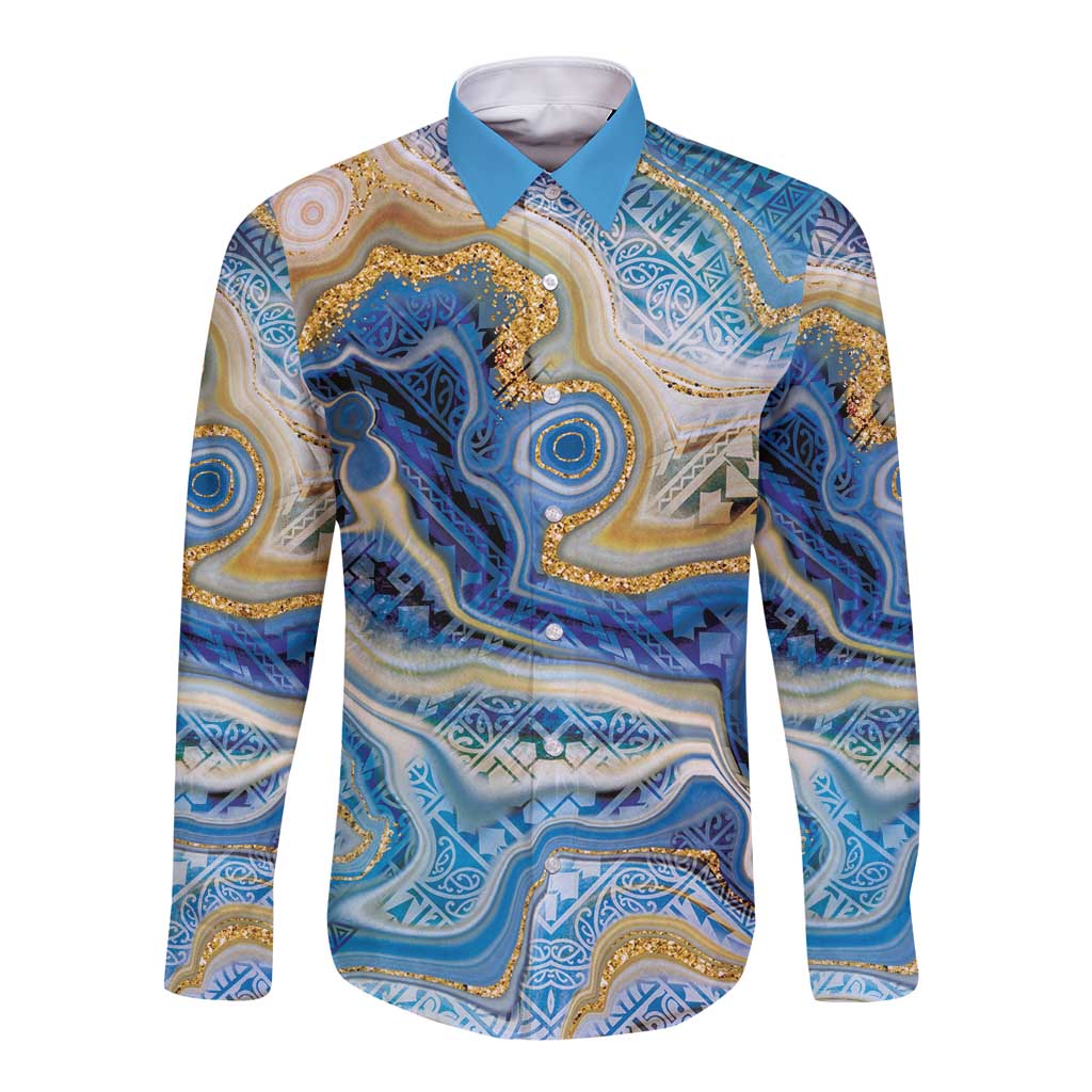 Polynesian Tribal Tattoo Long Sleeve Button Shirt Swirling Ocean Marble Pattern LT9 Unisex Ocean - Polynesian Pride