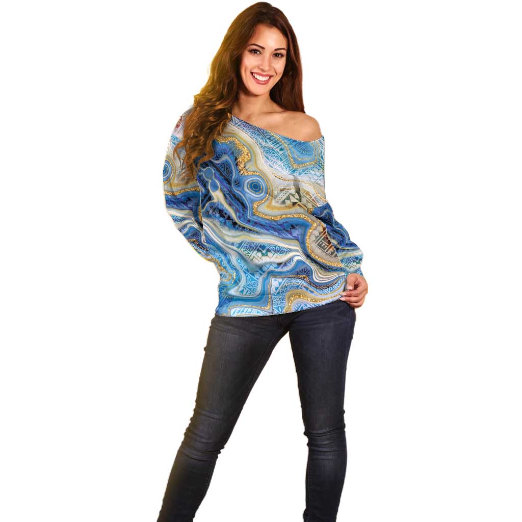 Polynesian Tribal Tattoo Off Shoulder Sweater Swirling Ocean Marble Pattern LT9 - Polynesian Pride