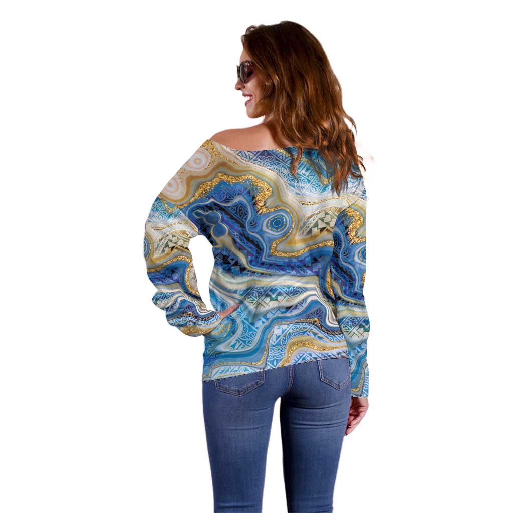 Polynesian Tribal Tattoo Off Shoulder Sweater Swirling Ocean Marble Pattern LT9 - Polynesian Pride
