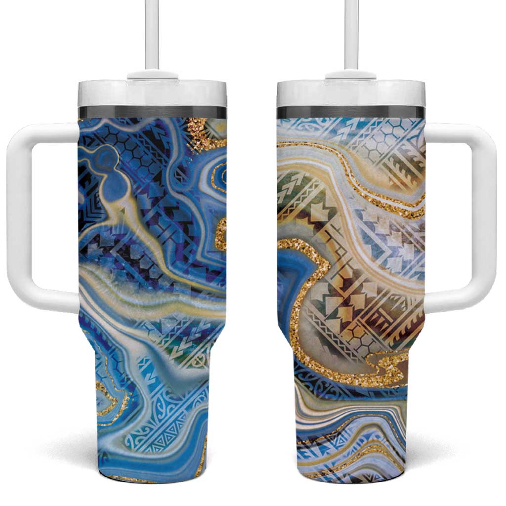 Polynesian Tribal Tattoo Tumbler With Handle Swirling Ocean Marble Pattern
