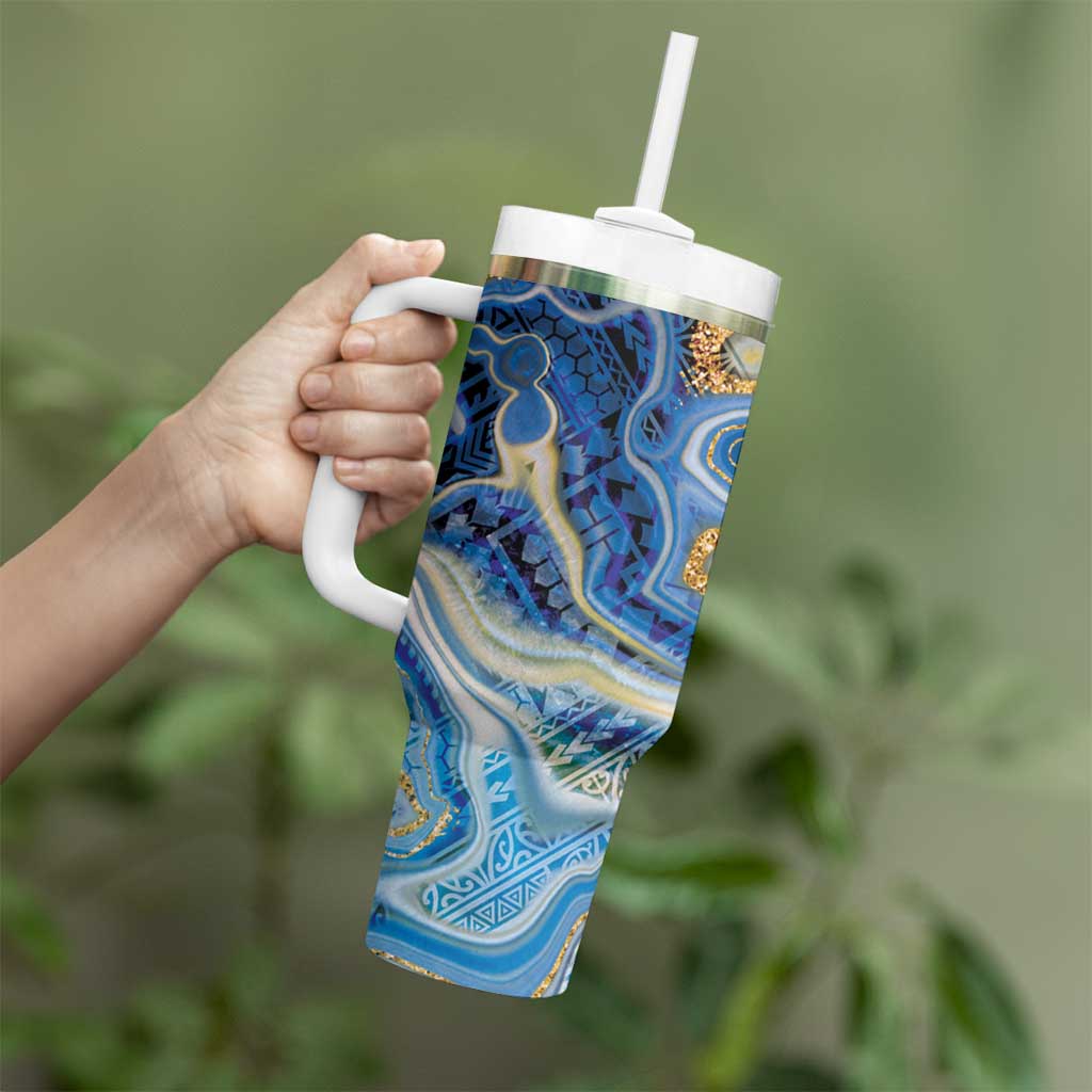 Polynesian Tribal Tattoo Tumbler With Handle Swirling Ocean Marble Pattern