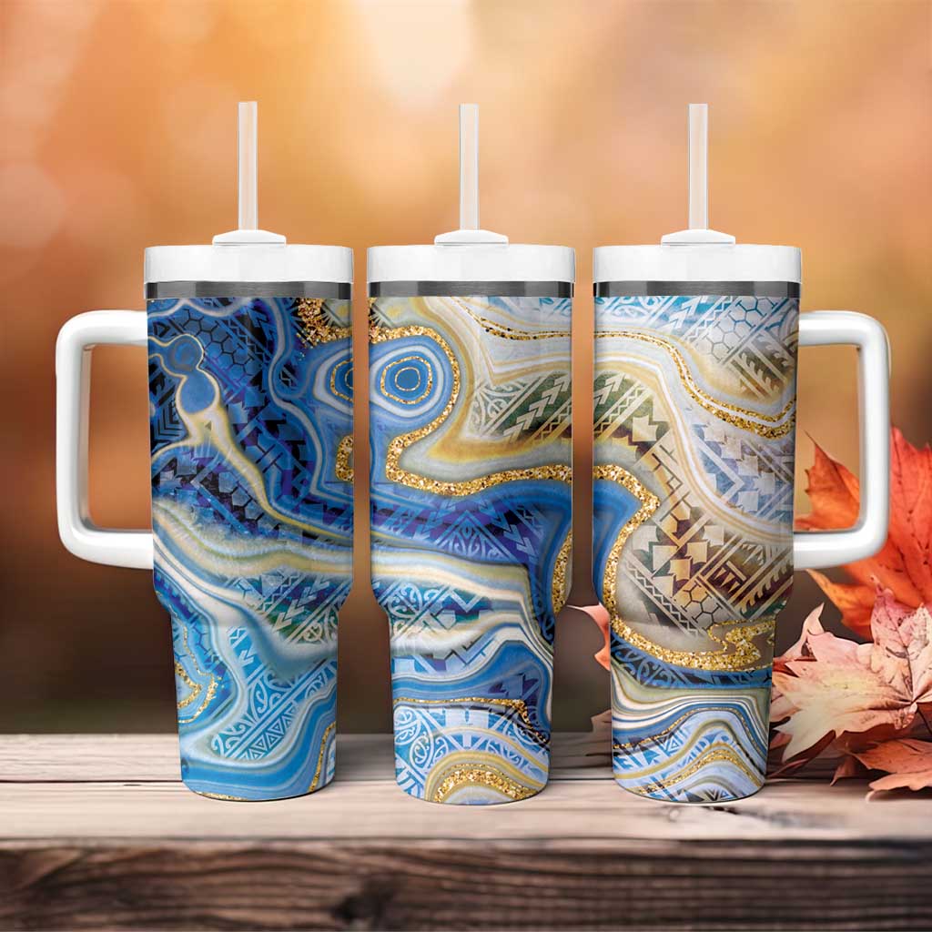 Polynesian Tribal Tattoo Tumbler With Handle Swirling Ocean Marble Pattern