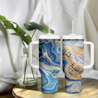 Polynesian Tribal Tattoo Tumbler With Handle Swirling Ocean Marble Pattern