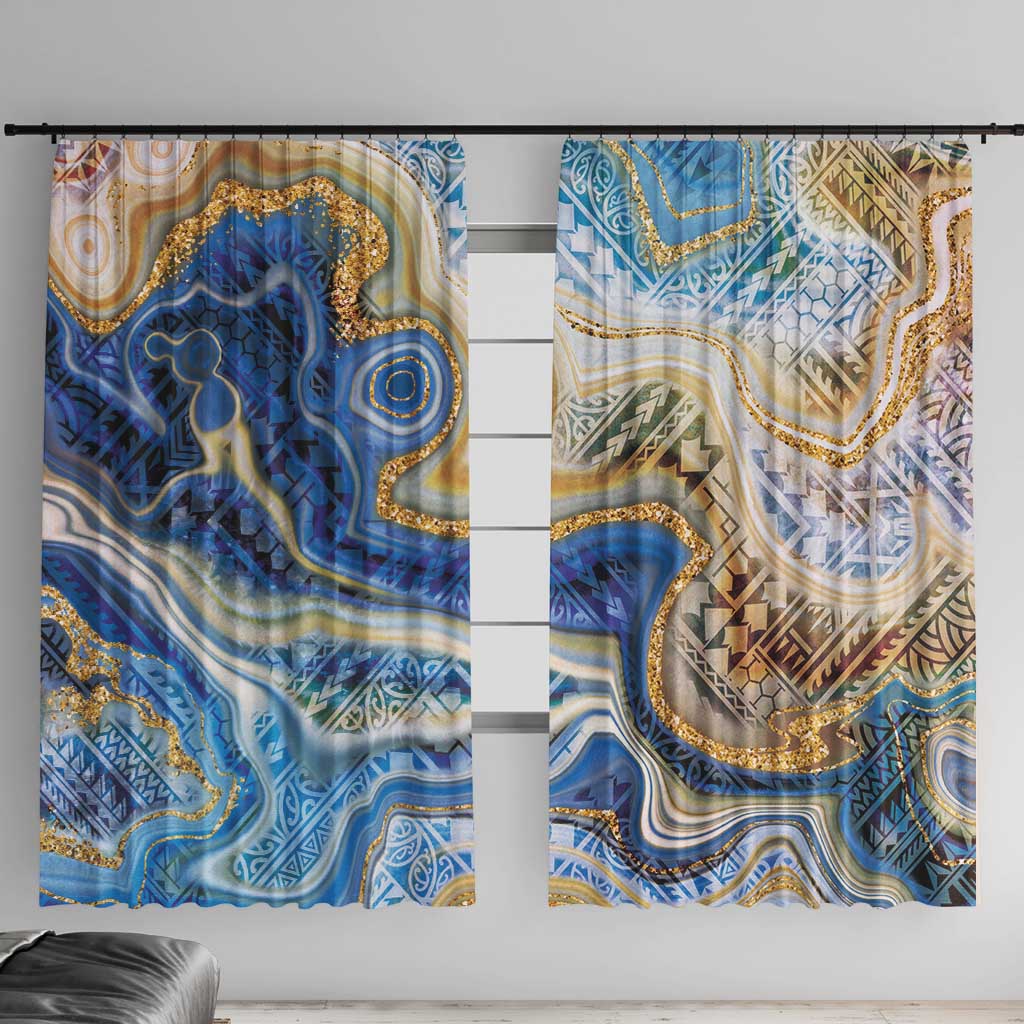 Polynesian Tribal Tattoo Window Curtain Swirling Ocean Marble Pattern