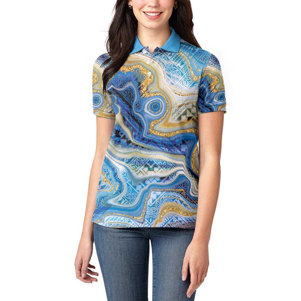 Polynesian Tribal Tattoo Women Polo Shirt Swirling Ocean Marble Pattern