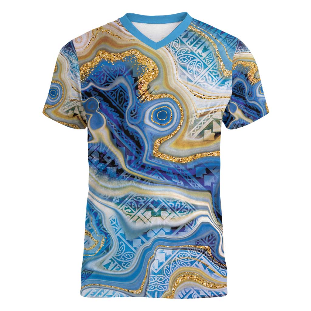 Polynesian Tribal Tattoo Women V-Neck T-Shirt Swirling Ocean Marble Pattern