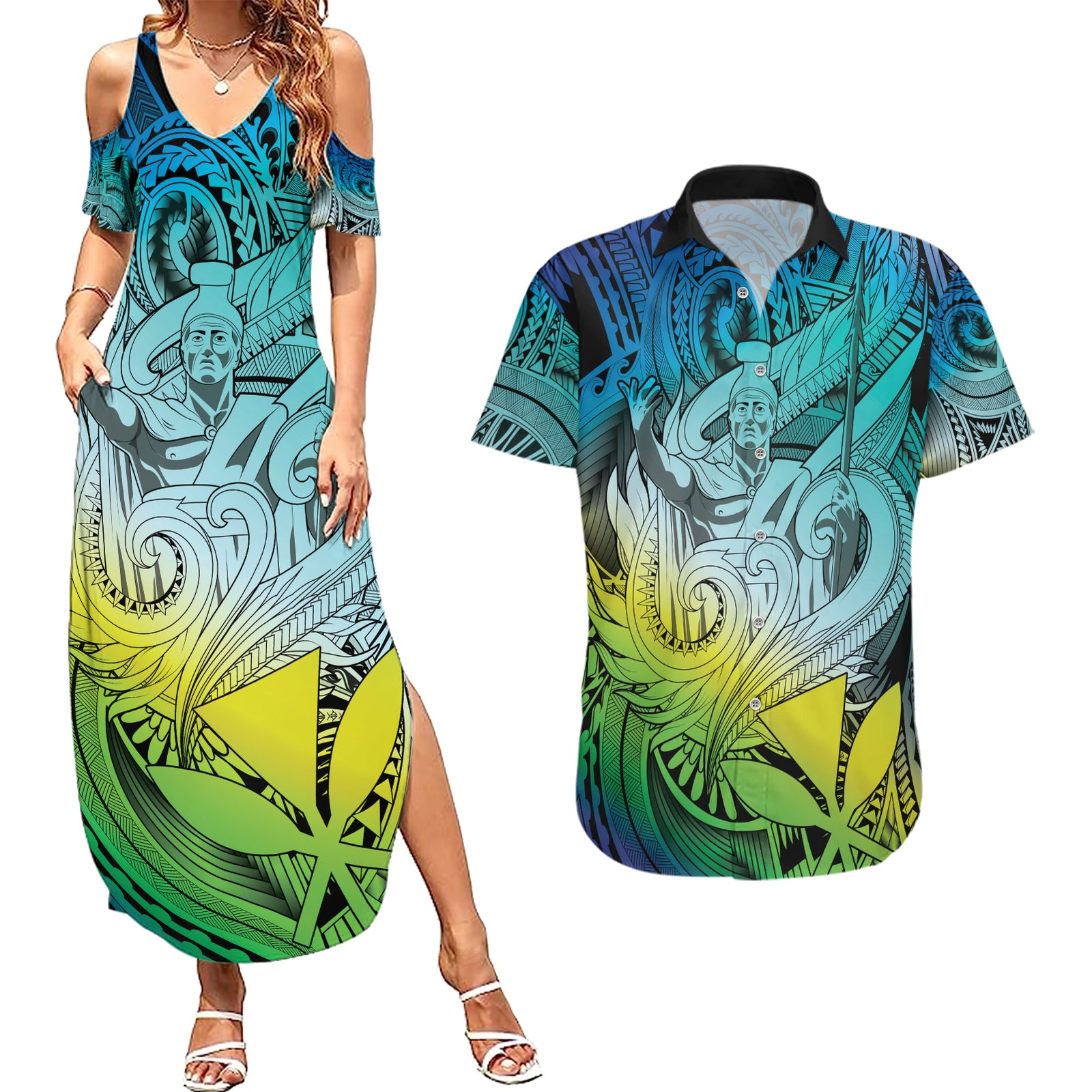 Personalised Aloha King Kamehameha Spirits Couples Matching Summer Maxi Dress and Hawaiian Shirt Art Special LT9 Art - Polynesian Pride