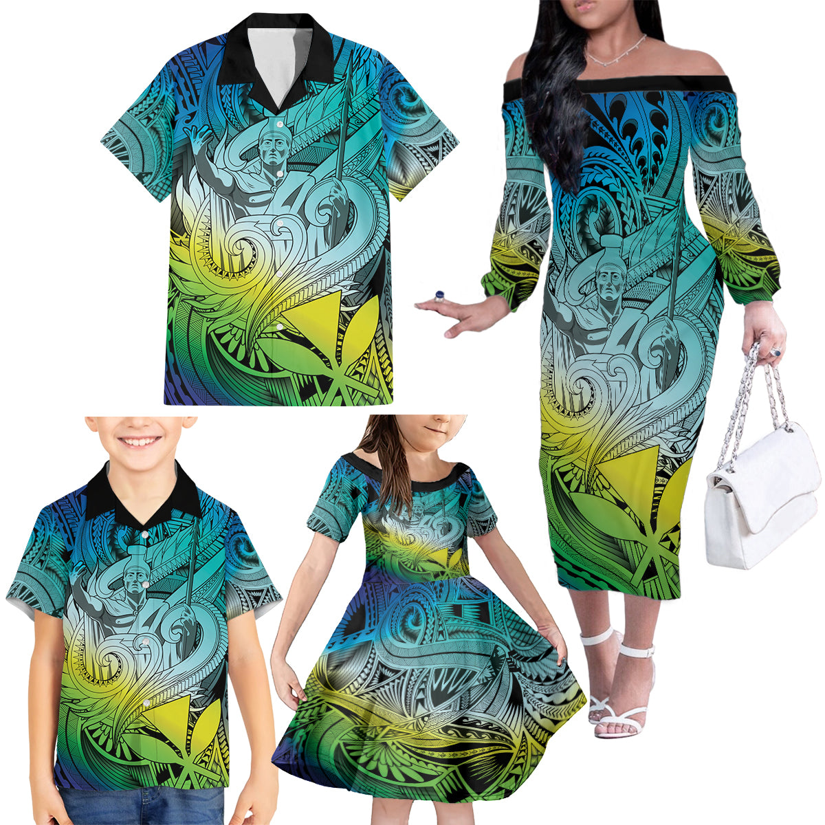 Personalised Aloha King Kamehameha Spirits Family Matching Off Shoulder Long Sleeve Dress and Hawaiian Shirt Art Special LT9 - Polynesian Pride