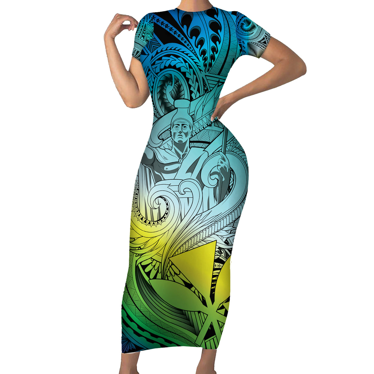 Personalised Aloha King Kamehameha Spirits Family Matching Short Sleeve Bodycon Dress and Hawaiian Shirt Art Special LT9 Mom's Dress Art - Polynesian Pride