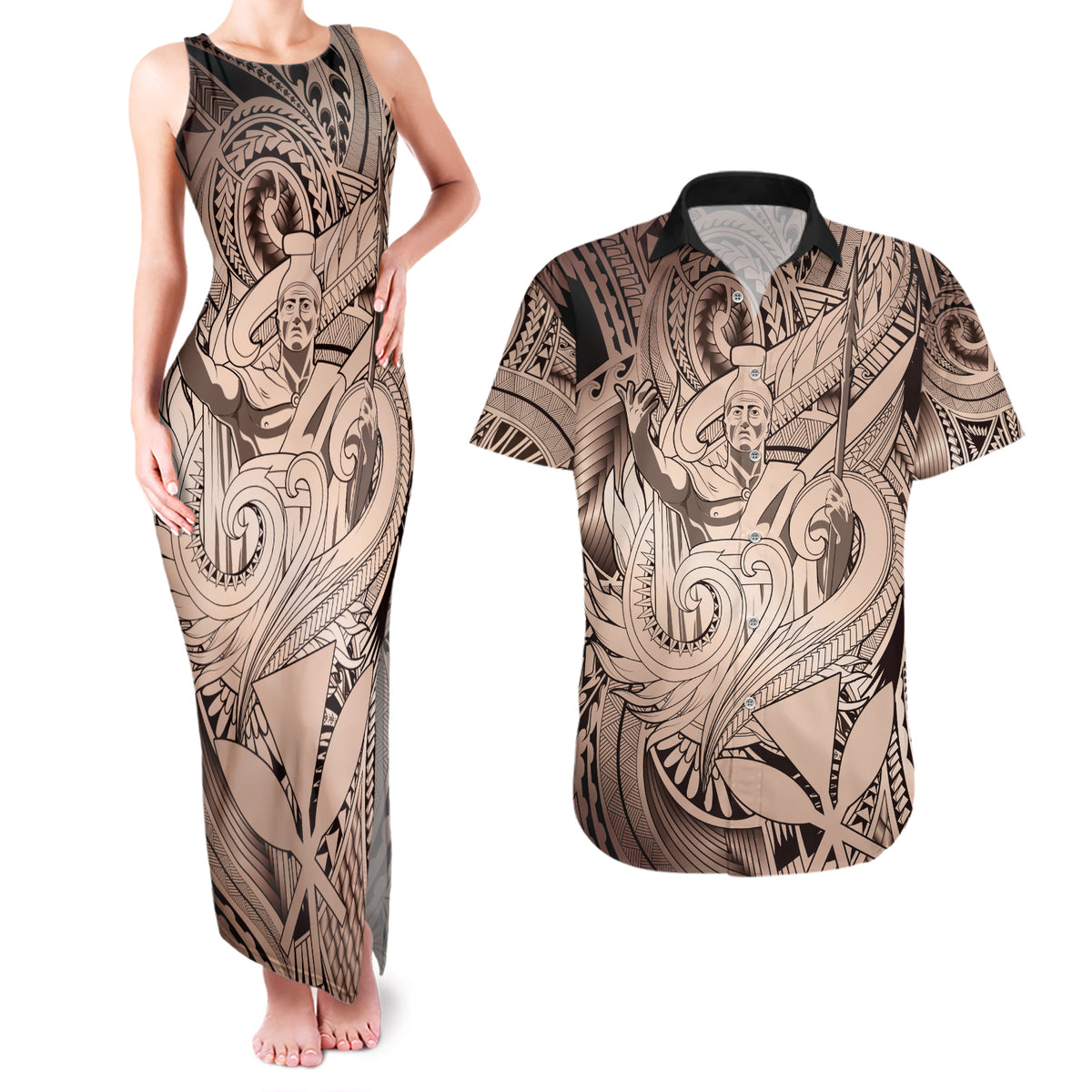 Personalised Aloha King Kamehameha Spirits Couples Matching Tank Maxi Dress and Hawaiian Shirt Beige Special LT9 Beige - Polynesian Pride