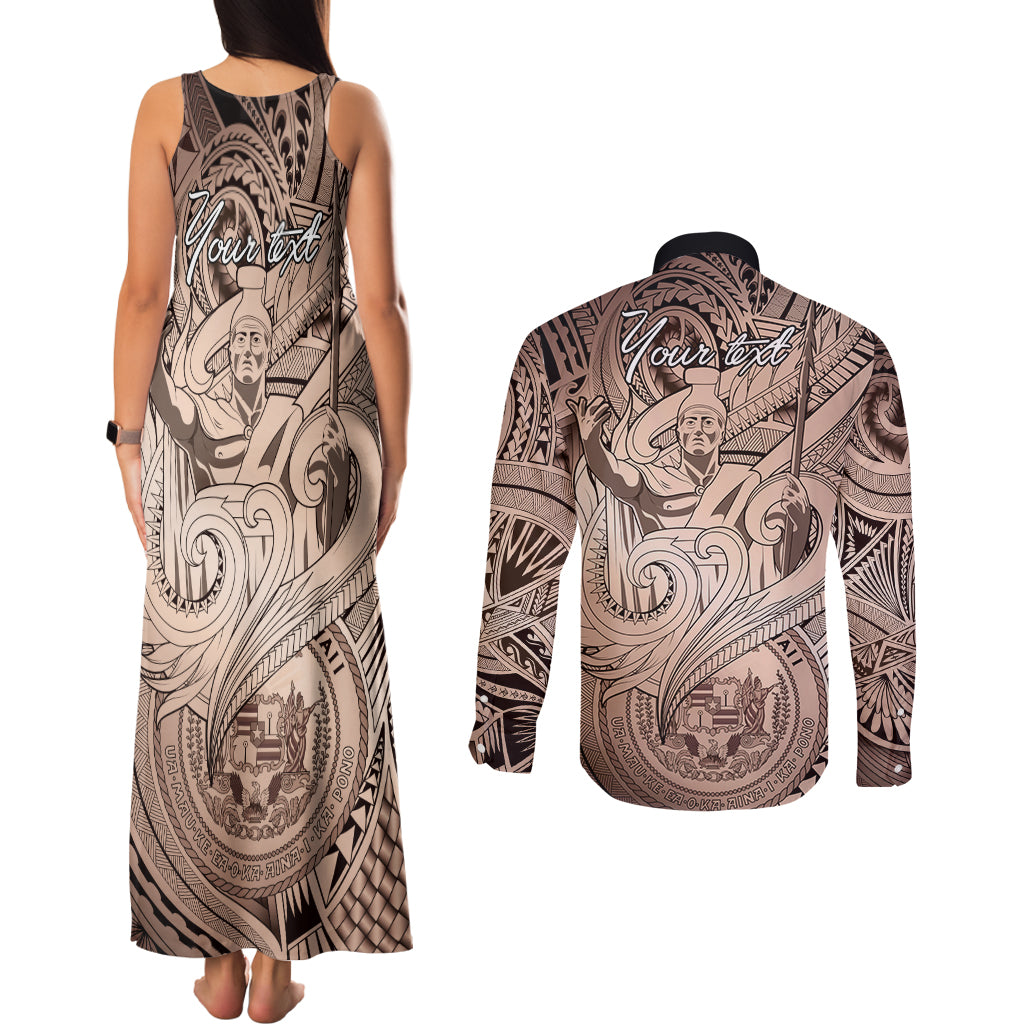 Personalised Aloha King Kamehameha Spirits Couples Matching Tank Maxi Dress and Long Sleeve Button Shirt Beige Special LT9 - Polynesian Pride