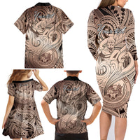 Personalised Aloha King Kamehameha Spirits Family Matching Long Sleeve Bodycon Dress and Hawaiian Shirt Beige Special LT9 - Polynesian Pride
