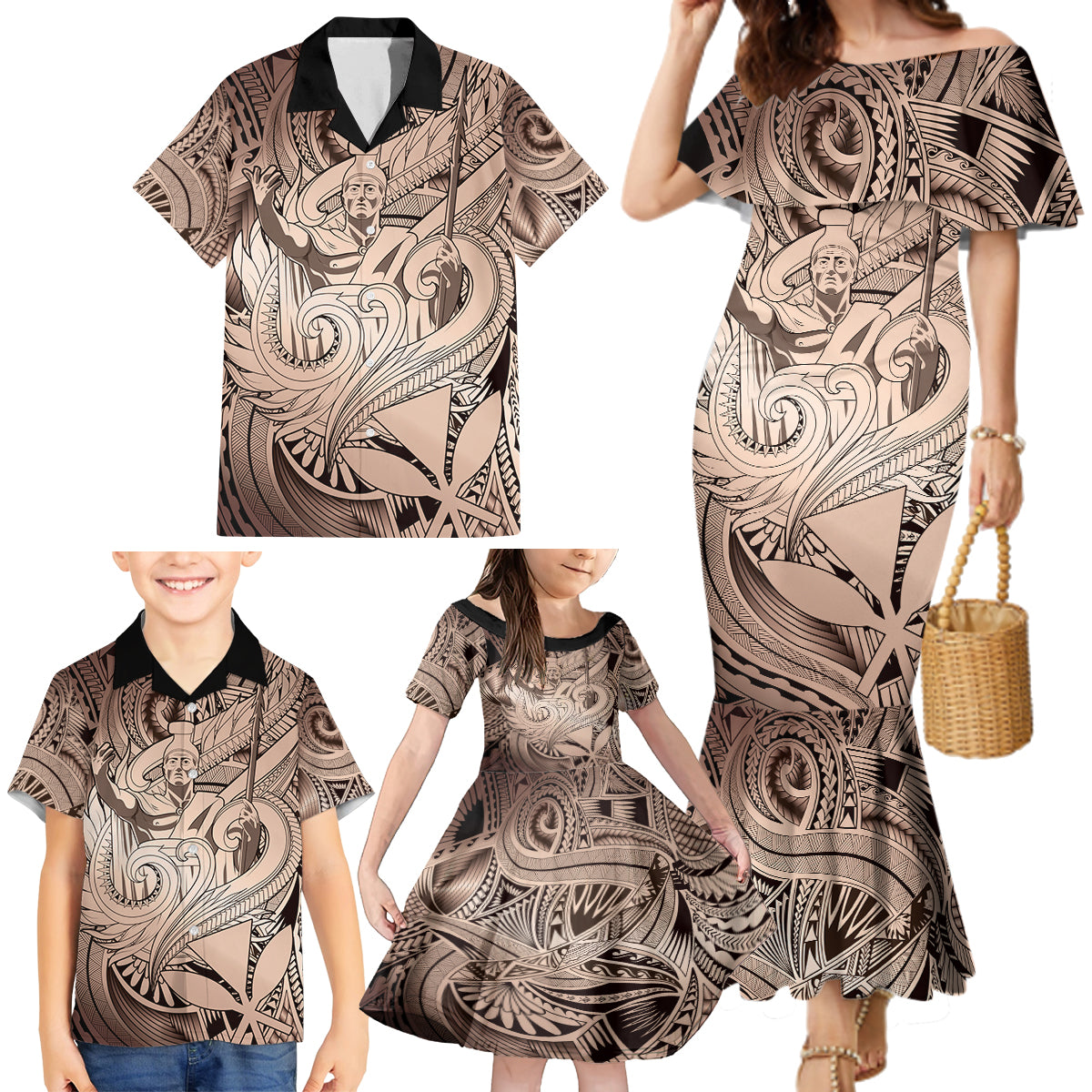 Personalised Aloha King Kamehameha Spirits Family Matching Mermaid Dress and Hawaiian Shirt Beige Special LT9 - Polynesian Pride