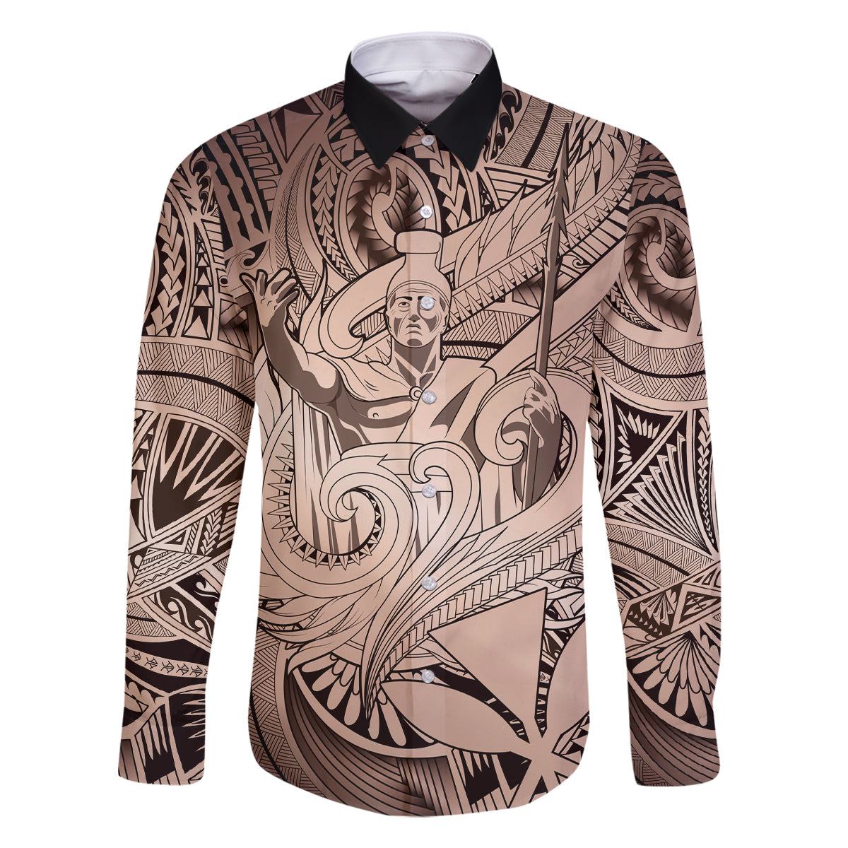 Personalised Aloha King Kamehameha Spirits Family Matching Off Shoulder Long Sleeve Dress and Hawaiian Shirt Beige Special LT9 Dad's Shirt - Long Sleeve Beige - Polynesian Pride