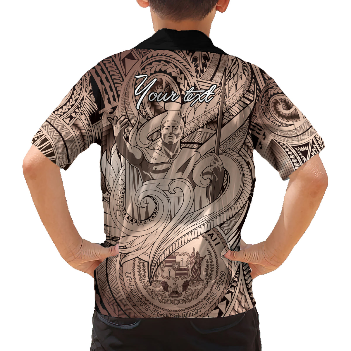 Personalised Aloha King Kamehameha Spirits Kid Hawaiian Shirt Beige Special LT9 - Polynesian Pride