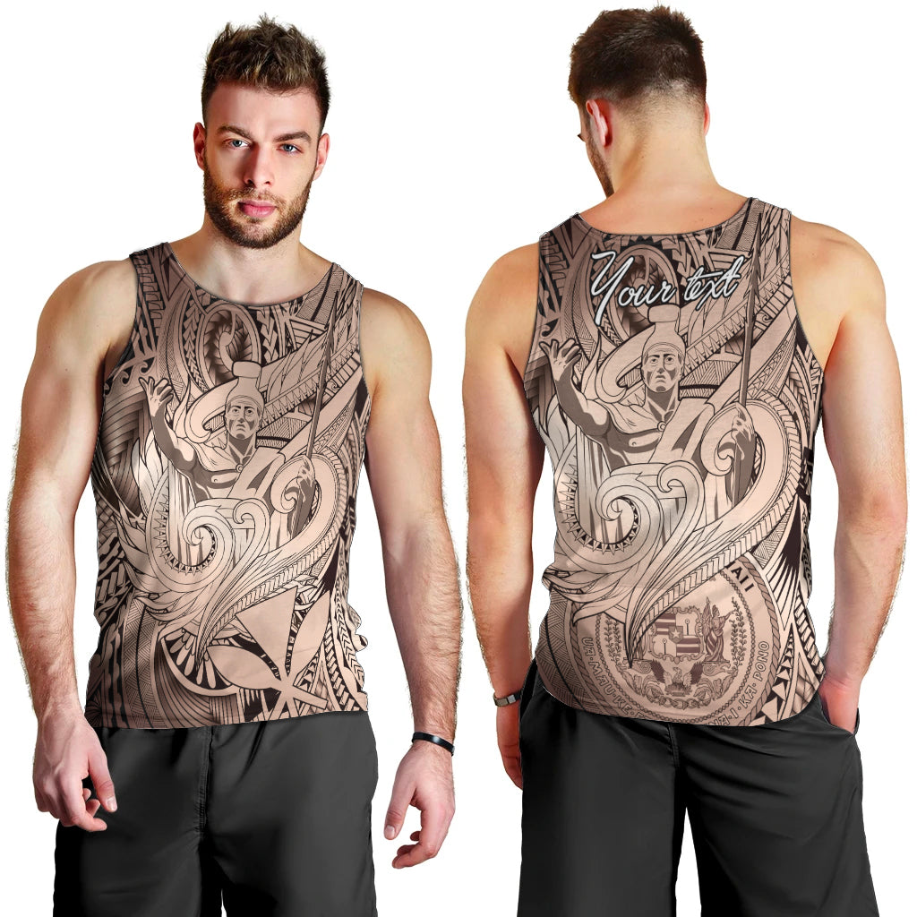 Personalised Aloha King Kamehameha Spirits Men Tank Top Beige Special LT9 - Polynesian Pride
