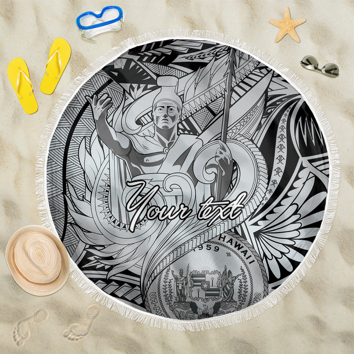 Personalised Aloha King Kamehameha Spirits Beach Blanket Grey Special