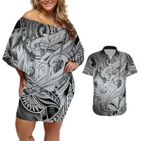 Personalised Aloha King Kamehameha Spirits Couples Matching Off Shoulder Short Dress and Hawaiian Shirt Grey Special LT9 Grey - Polynesian Pride