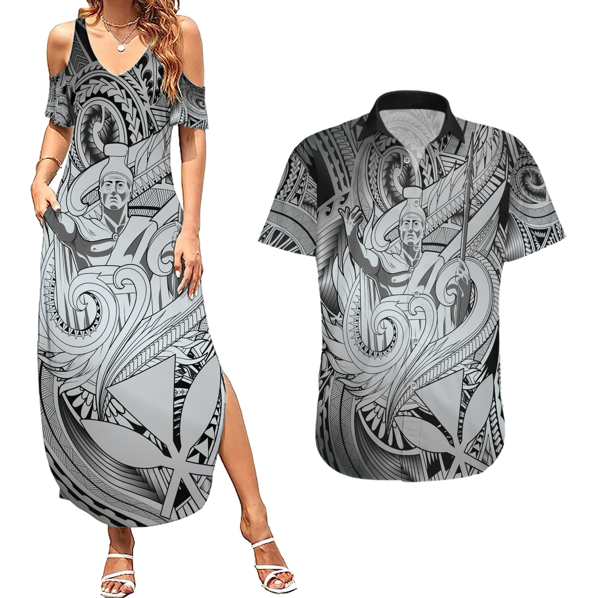 Personalised Aloha King Kamehameha Spirits Couples Matching Summer Maxi Dress and Hawaiian Shirt Grey Special LT9 Grey - Polynesian Pride