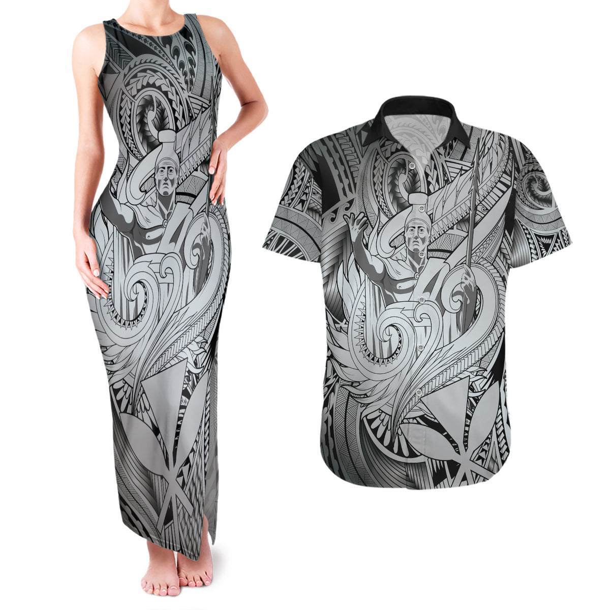 Personalised Aloha King Kamehameha Spirits Couples Matching Tank Maxi Dress and Hawaiian Shirt Grey Special LT9 Grey - Polynesian Pride