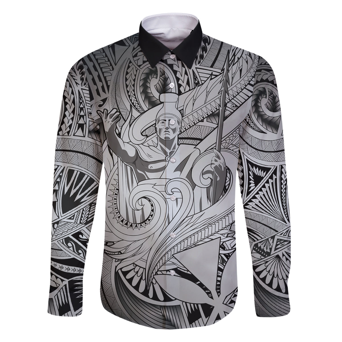 Personalised Aloha King Kamehameha Spirits Family Matching Long Sleeve Bodycon Dress and Hawaiian Shirt Grey Special LT9 Dad's Shirt - Long Sleeve Grey - Polynesian Pride